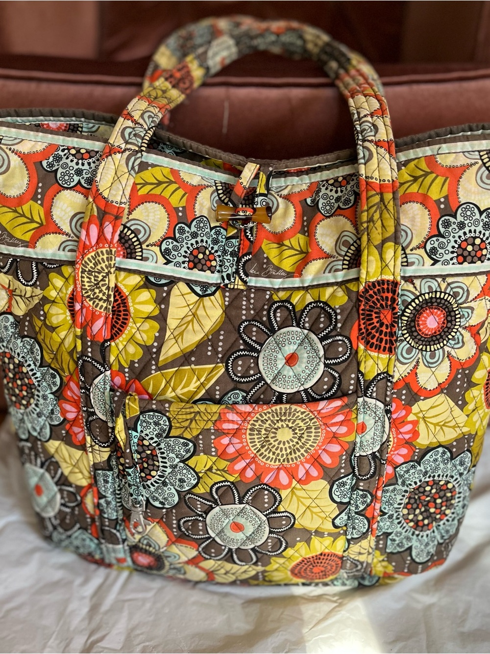 Vera Bradley Brown Multi Floral Quilted Tote with Orange, Yellow & Cream Accents